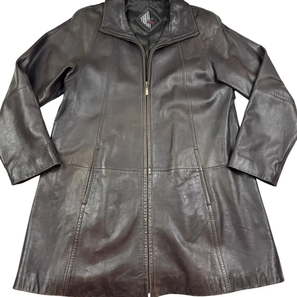 Tibor Leathers Vintage Long Line Dark Brown Zip Front Leather Coat Women's M